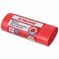 Мешки для мусора 60 л, красный, в рулоне 20 шт., ПНД, 10 мкм, 680х580 мм, LAIMA, 606702 в Липецке